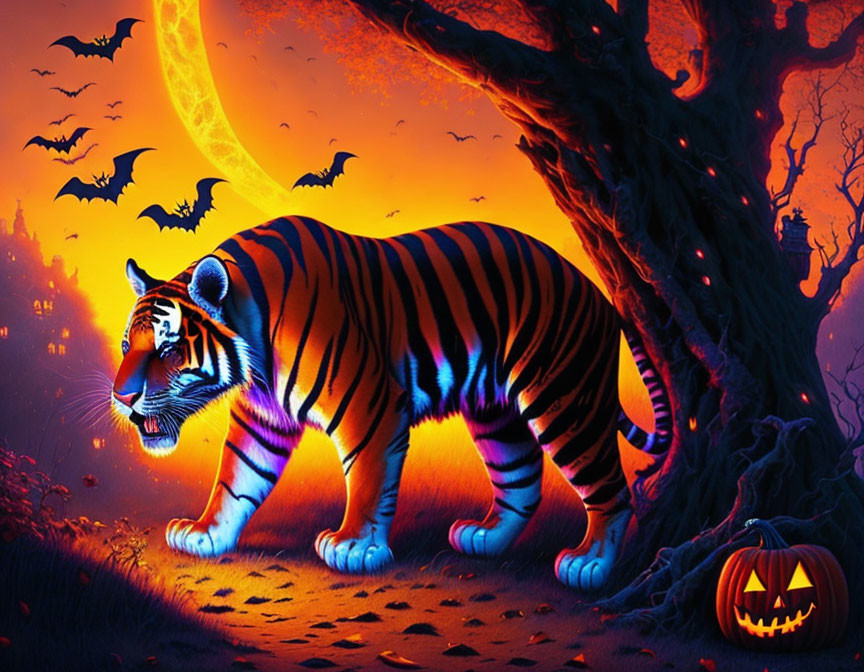 Vibrant orange and black tiger in spooky Halloween landscape