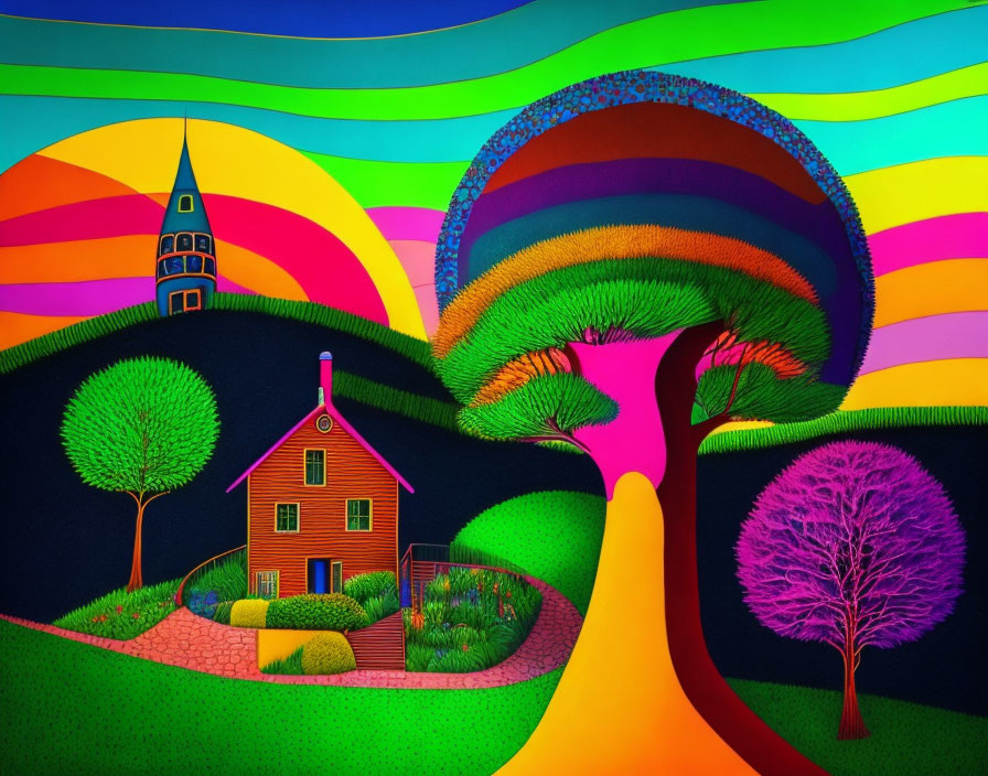 Colorful Rainbow Landscape with Hills, Trees, House, and Church Spire