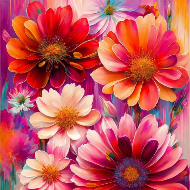 Colorful Floral Painting with Reds, Pinks, and Peach Hues