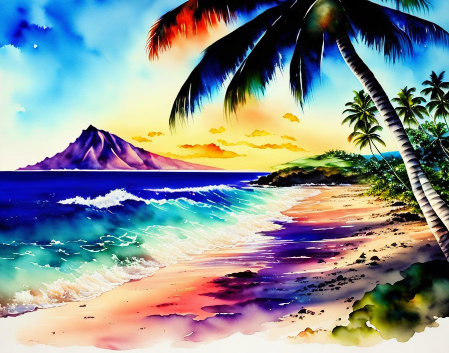 Tropical beach watercolor with palm trees, waves, sunset sky, and mountain