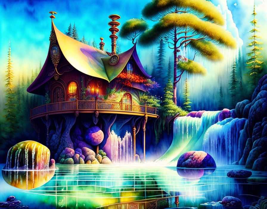 Fantasy landscape with whimsical house on rocks and waterfalls