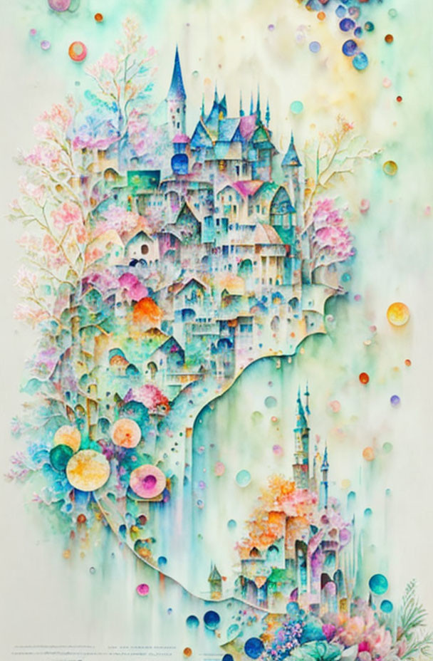 Fairy-tale castle in heart shape with colorful trees and orbs on pastel background