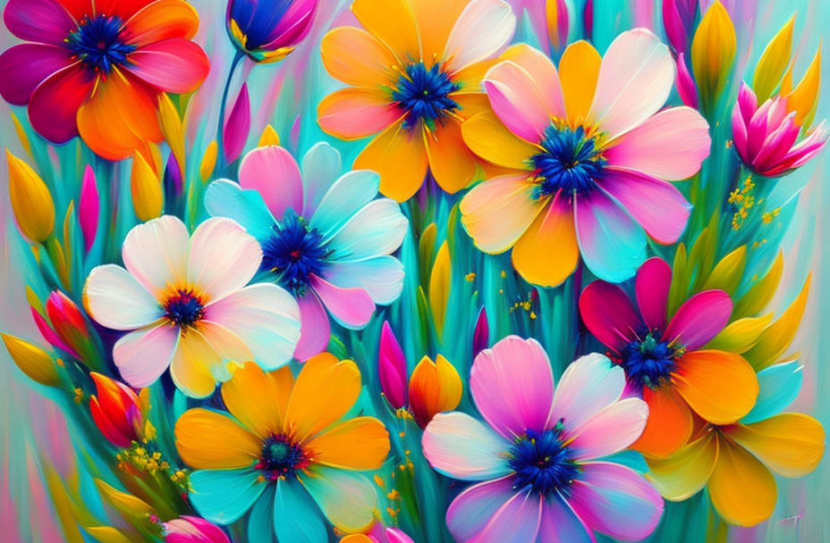 Colorful Flower Painting with Pink, Orange, Blue, and White Petals