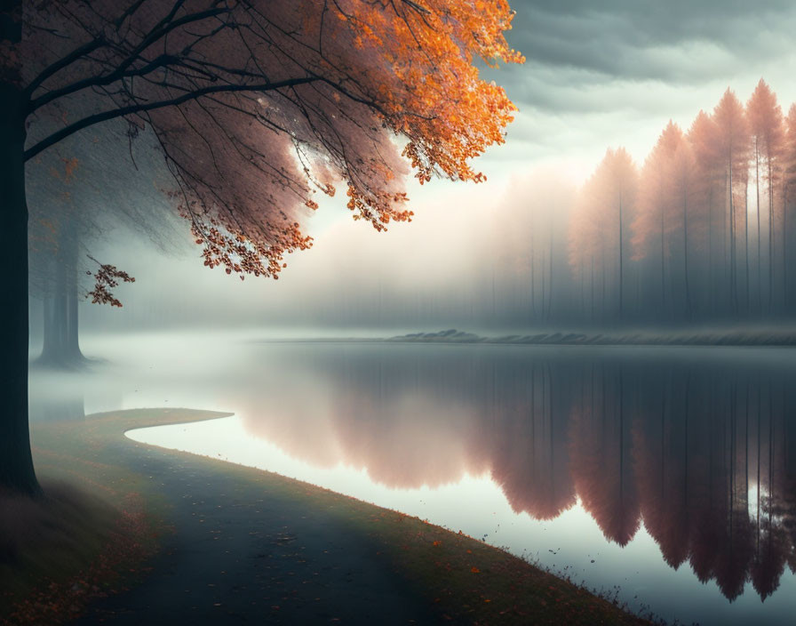 Autumn lakeside landscape with misty atmosphere and reflective trees