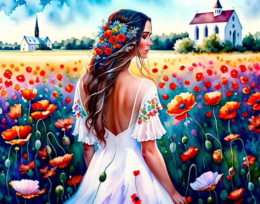 Woman in white dress strolling through field of red poppies with church in background