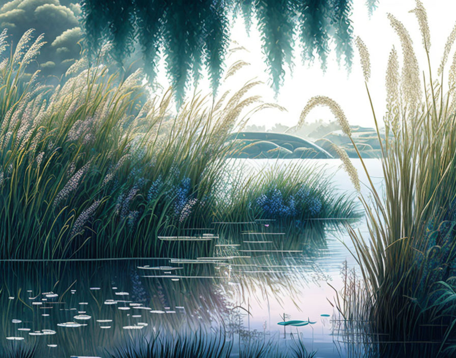 Serene lakeside scene with greenery, water reflections, lily pads, and a dragonfly