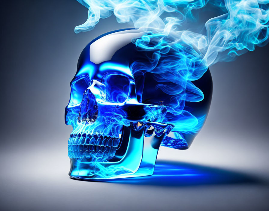 Transparent Blue Skull with Swirling Smoke on Gray Gradient Background