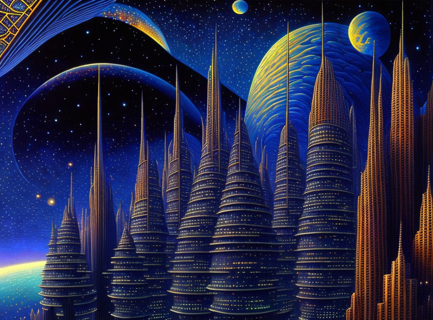 Fantastical cityscape with spiraled skyscrapers under cosmic night sky