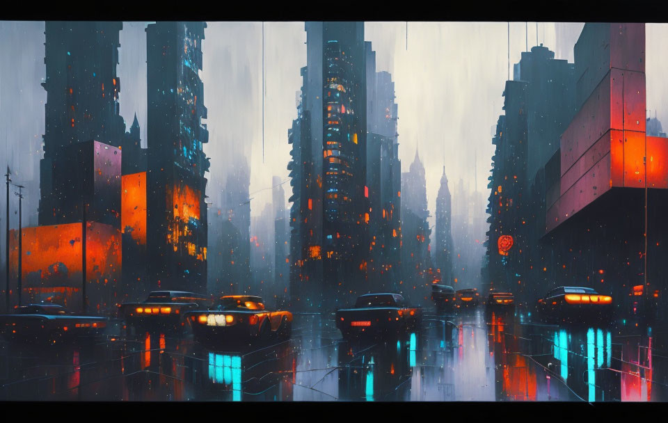 Rainy night cityscape with neon lights and futuristic cars among towering skyscrapers