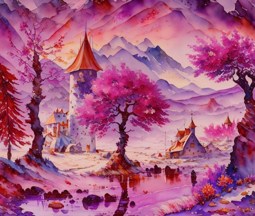 Whimsical watercolor painting of tower, houses, pink trees, and mountains