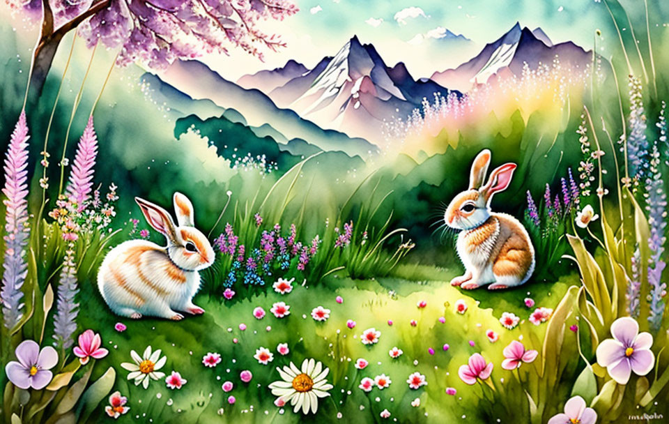 Colorful Meadow Scene with Rabbits and Mountains View