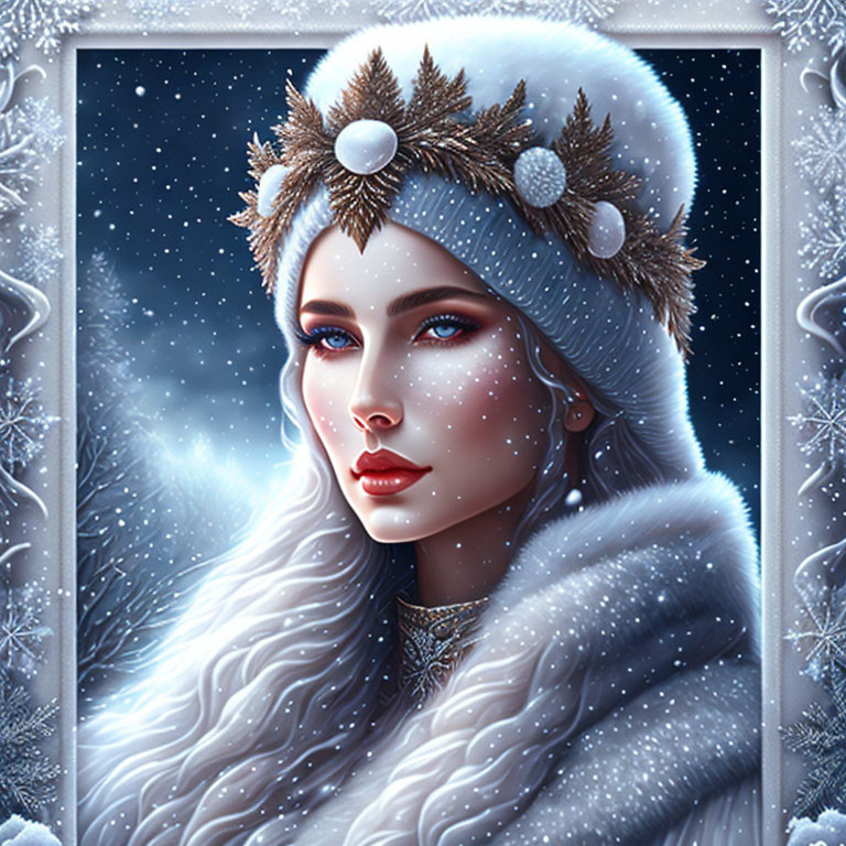 Winter-themed digital illustration of woman with blue eyes and white fur attire in snowy setting