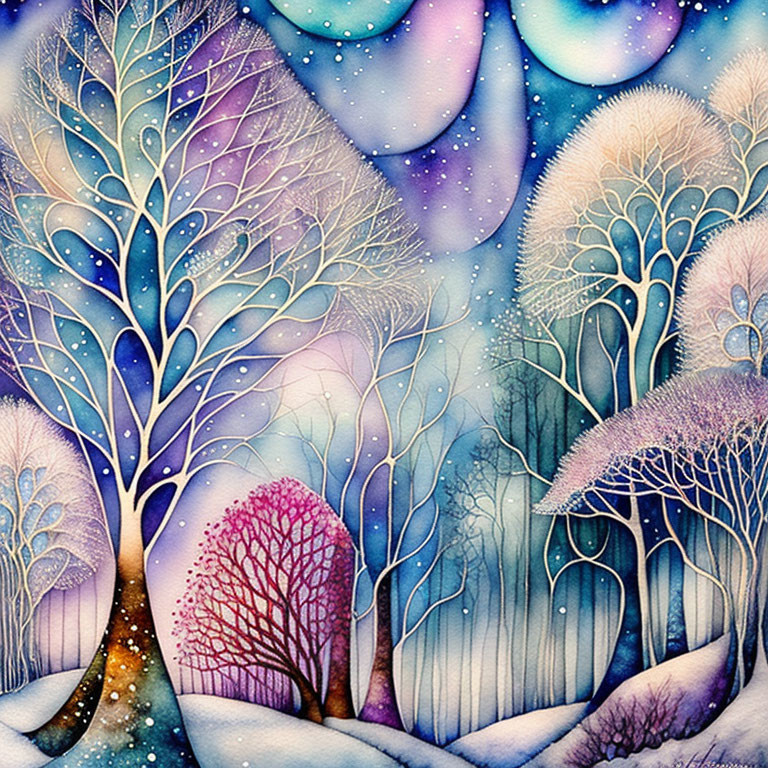 Vibrant Winter Forest Painting with Colorful Trees