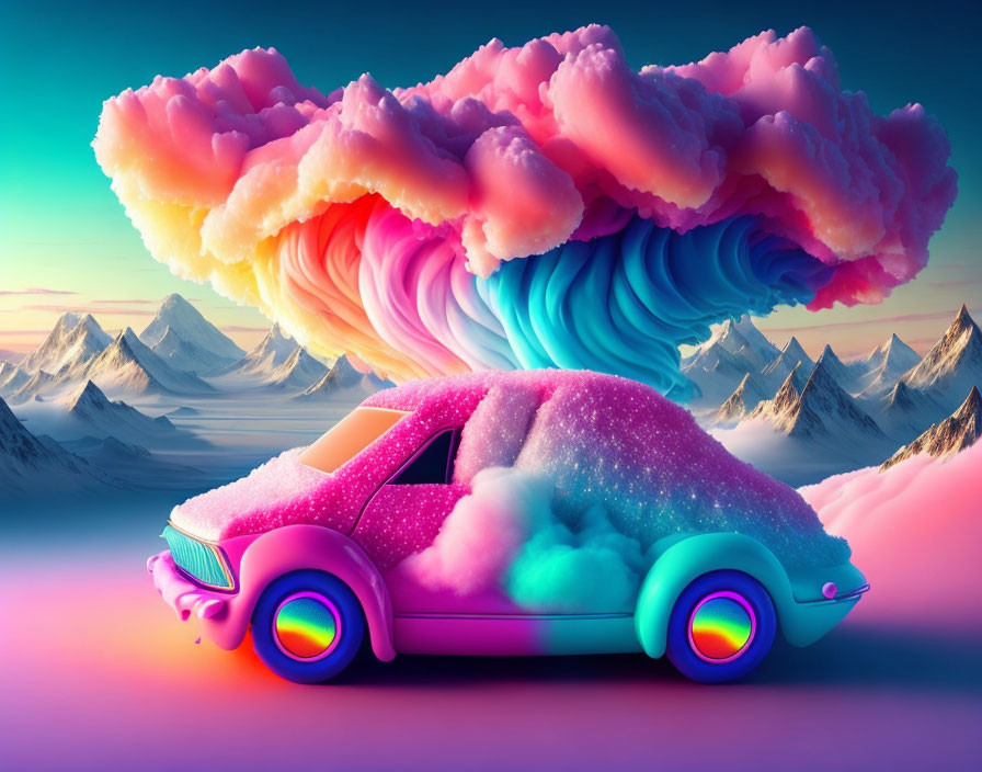 Vibrant surreal artwork: Car in pink clouds with swirling sky