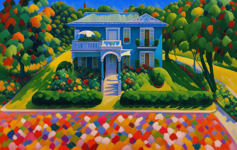 Colorful painting of blue two-story house with white porch in vibrant landscape