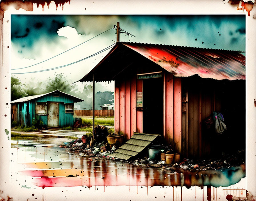 Weathered shed with corrugated tin roof in rustic scene.