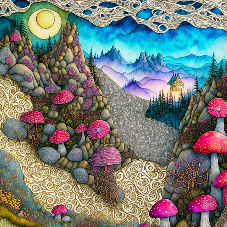 Whimsical landscape with oversized mushrooms, cobblestone path, mountains, trees, and castle