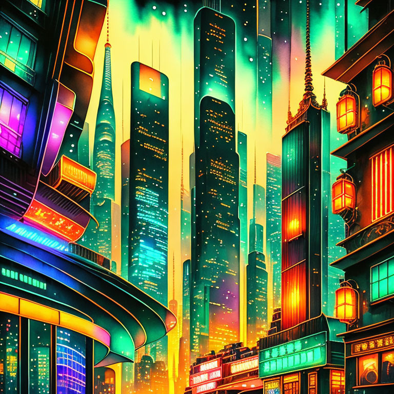 Futuristic neon-lit cityscape with towering skyscrapers