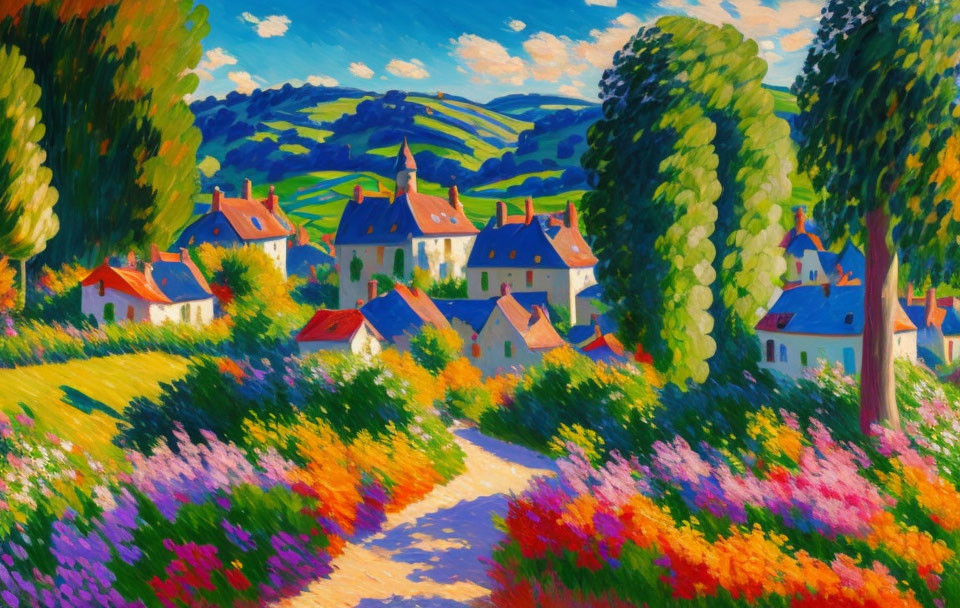 Colorful village scene with lush greenery and flowers under blue sky