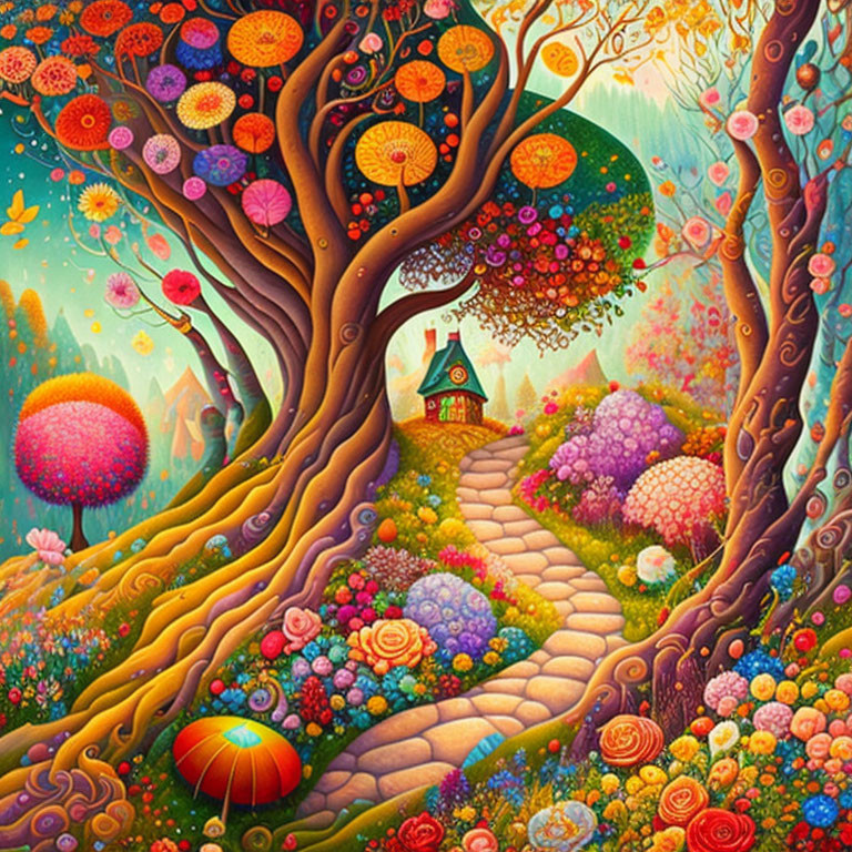 Colorful Whimsical Landscape with Curvy Path and Tree House