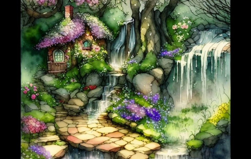 Illustration of Cozy Cottage with Flowers, Greenery, Waterfall, and Stone Path