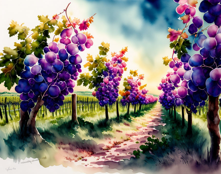 Sunlit Vineyard Watercolor Painting with Grapevines & Colorful Sky