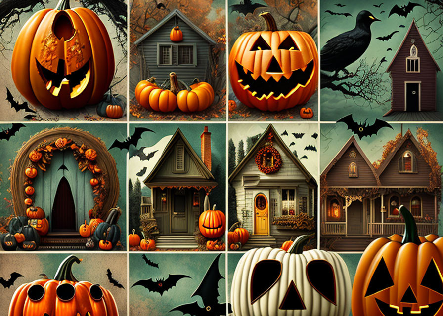 Halloween-themed collage with pumpkins, houses, bats, crows, and autumn decor