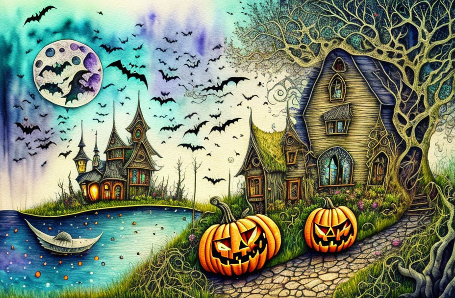 Whimsical Halloween-themed illustration with crooked house, jack-o'-lanterns, bats,