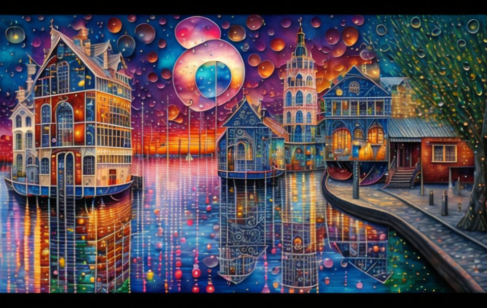 Colorful sunset scene of waterfront town with moon and bubbles