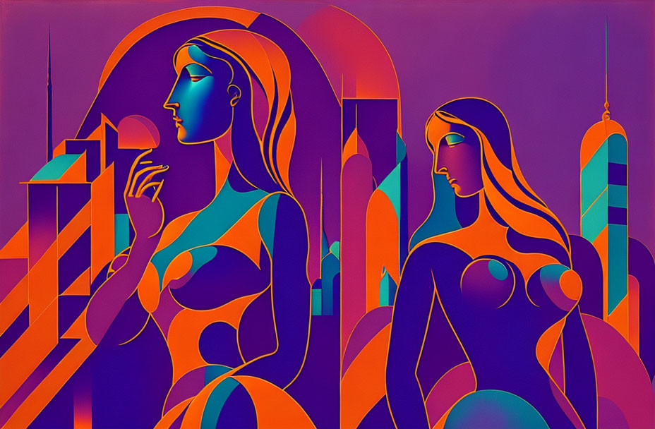 Abstract cityscape with stylized female figures and geometric shapes in purple and orange.