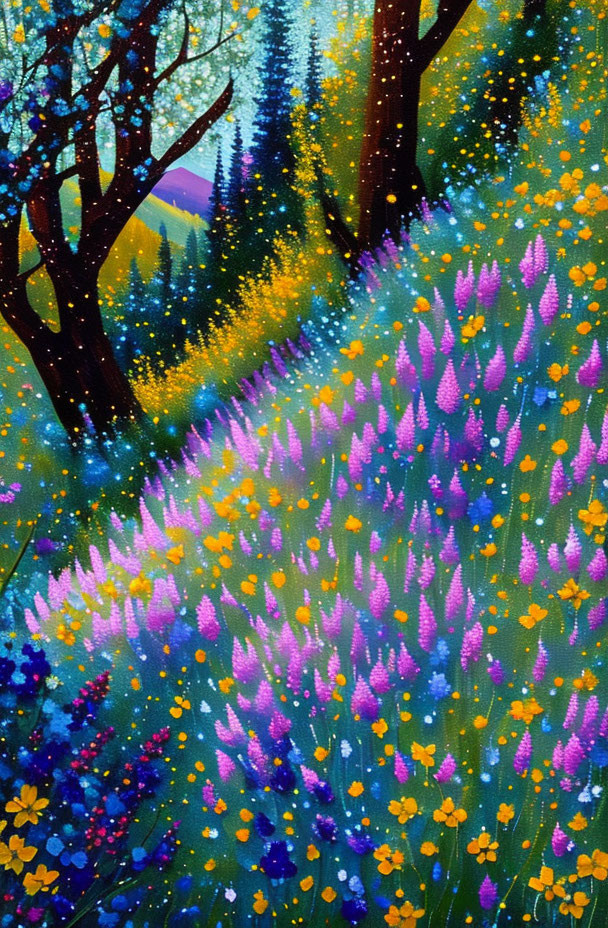 Colorful Flower Meadow Painting Under Twilight Sky