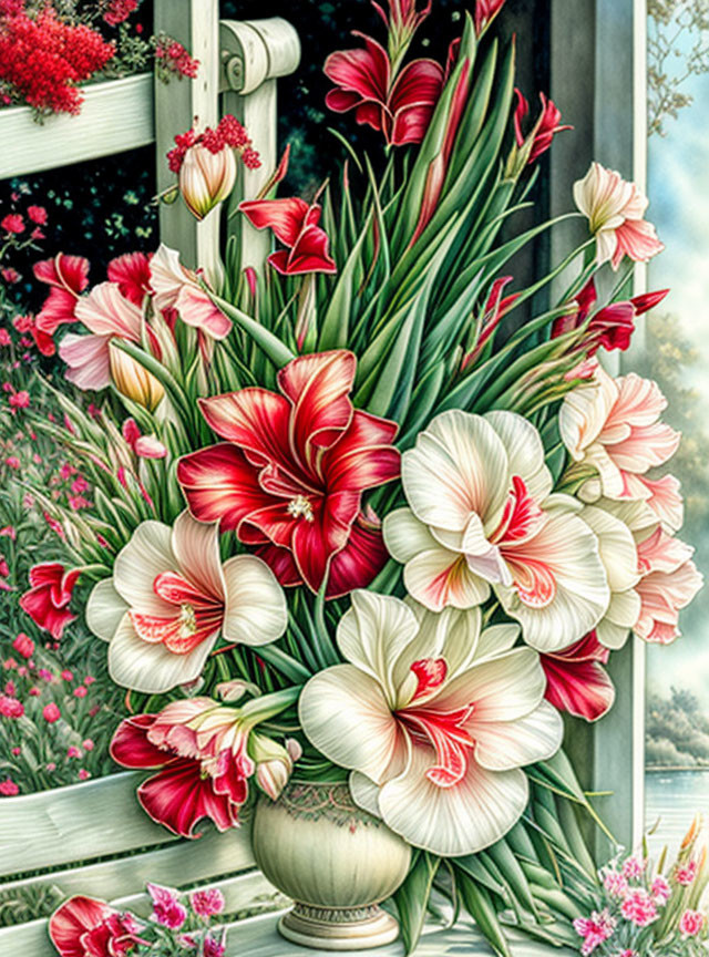 Colorful Amaryllis Flowers in Vase by Window