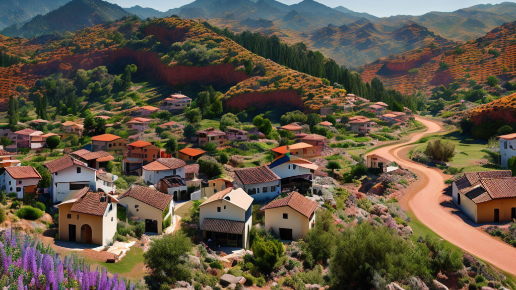 Scenic village with terracotta-roofed houses in lush valley