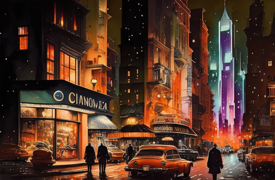 Vibrant night city scene with street shops, vintage cars, and pedestrians