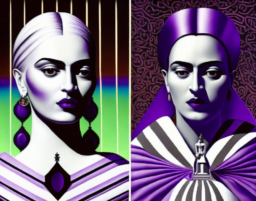 Stylized portraits of a woman with purple hues and white hair against contrasting backgrounds