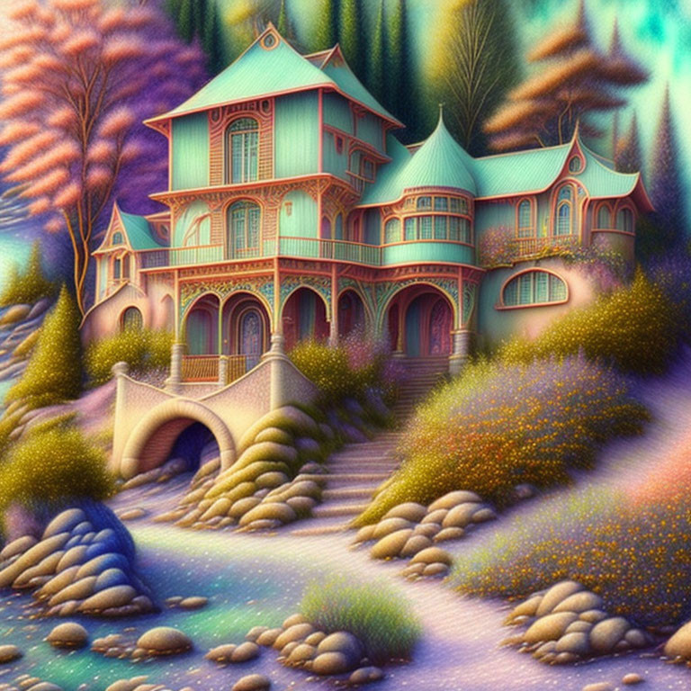 Colorful whimsical house with turrets and lush landscape.