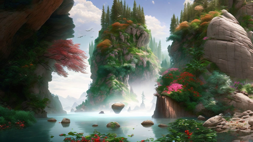 Fantasy landscape with cliffs, river, rocks, flora, waterfalls & mist