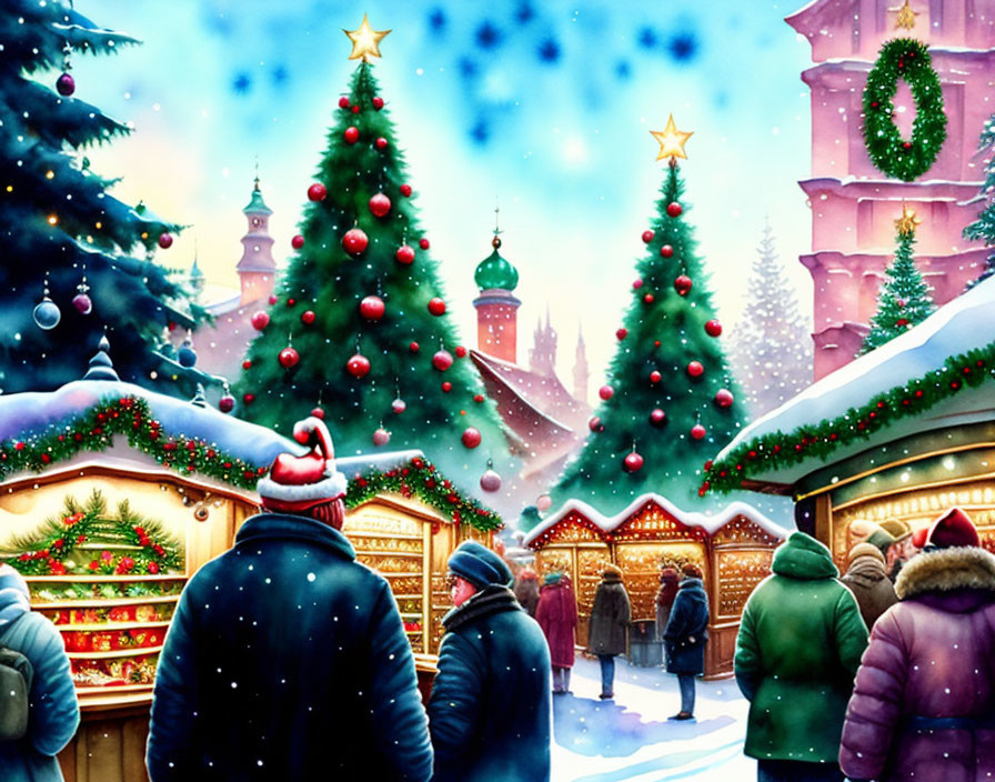 Vibrant Christmas market scene with snowfall and festive decorations