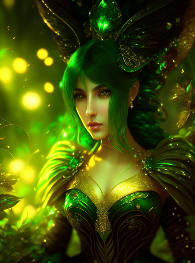 Fantasy art portrait: Female character with green hair and attire in magical forest