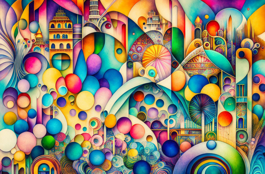 Vivid Abstract Artwork with Whimsical Shapes & Geometric Patterns