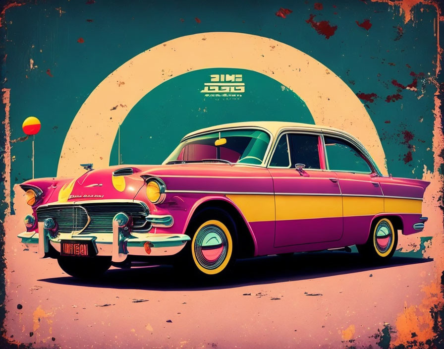 Vintage Car Illustration in Pink and Yellow on Turquoise Background