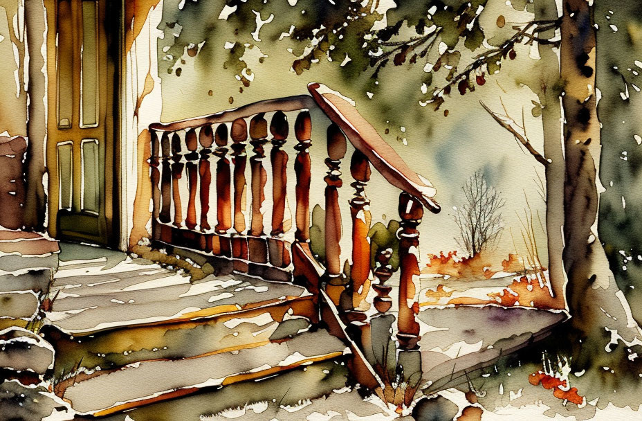 Cozy home entrance watercolor: wooden porch, snowy steps, autumn leaves.