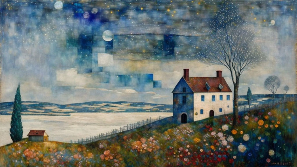 Starry night sky blending into bucolic landscape with house, flowers, and lone tree