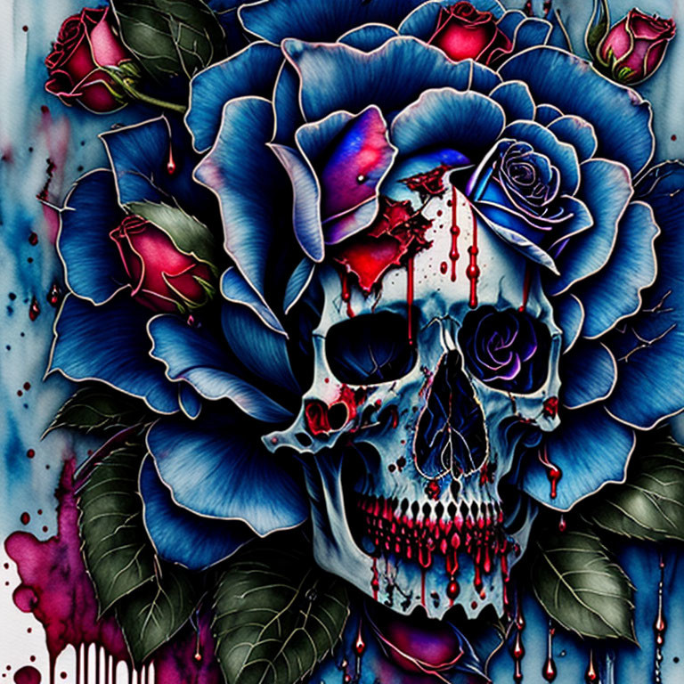 Skull surrounded by blue and red roses with vivid red details