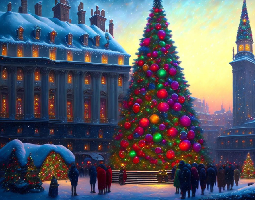 Winter cityscape with people around a decorated Christmas tree