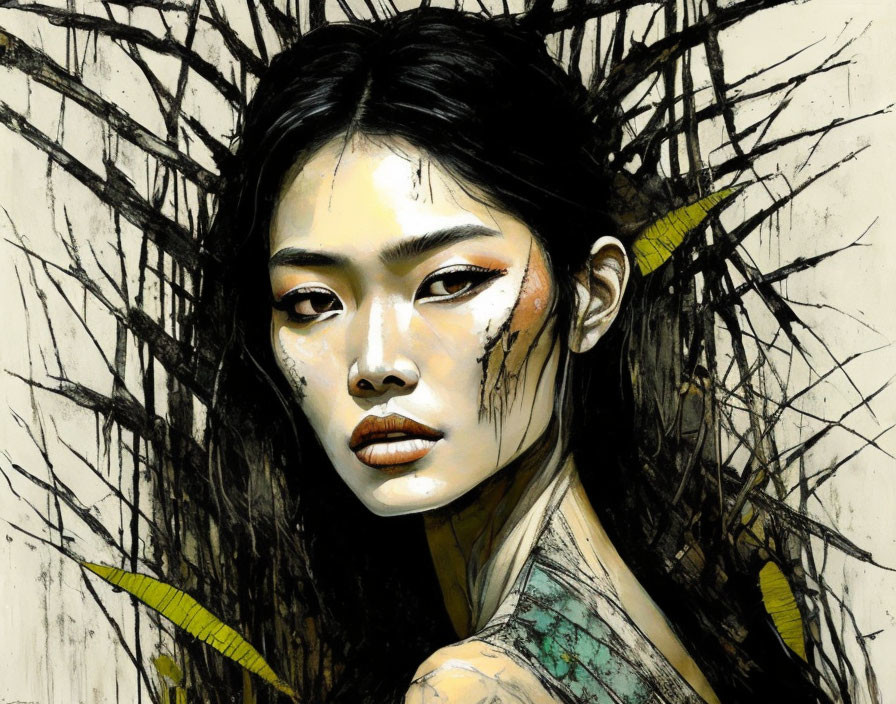 Detailed Painting: Woman with Striking Features and Abstract Yellow Accents