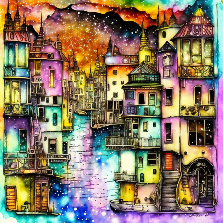 Whimsical painting of stylized buildings under starry night sky