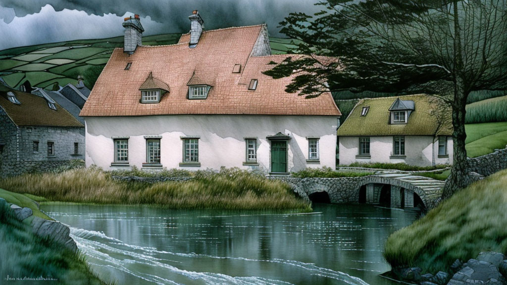 Tranquil countryside with white thatched houses, river, stone bridge, and green backdrop