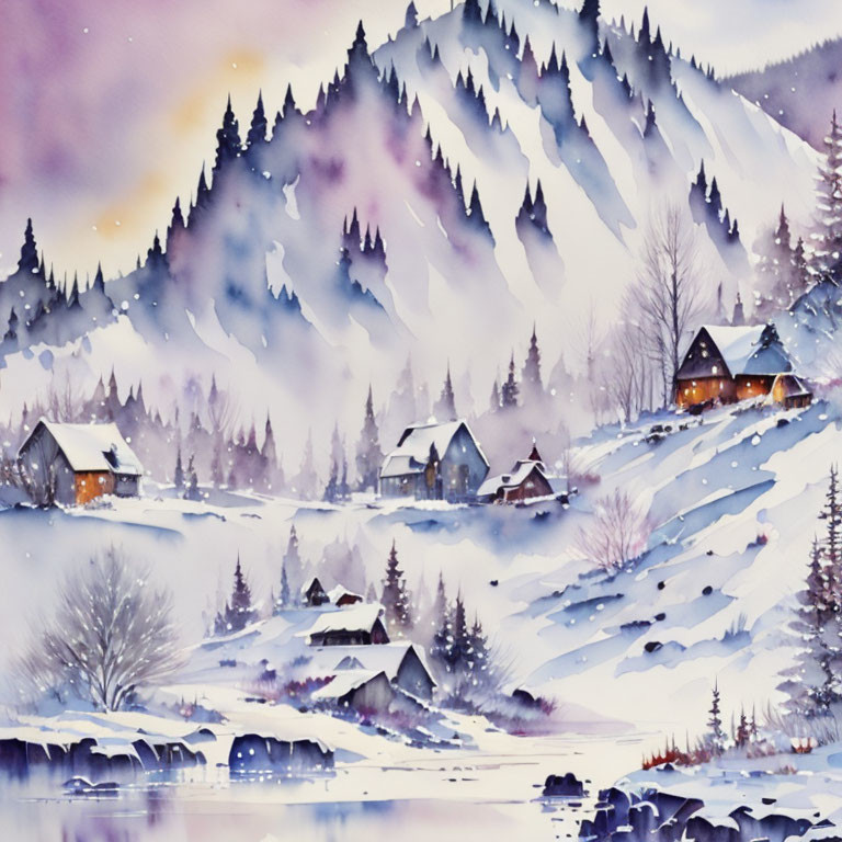 Snow-covered village painting: illuminated houses, mountain backdrop, twilight sky