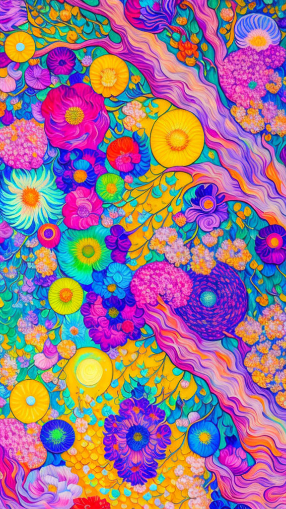 Colorful Psychedelic Floral Pattern in Vibrant Hues